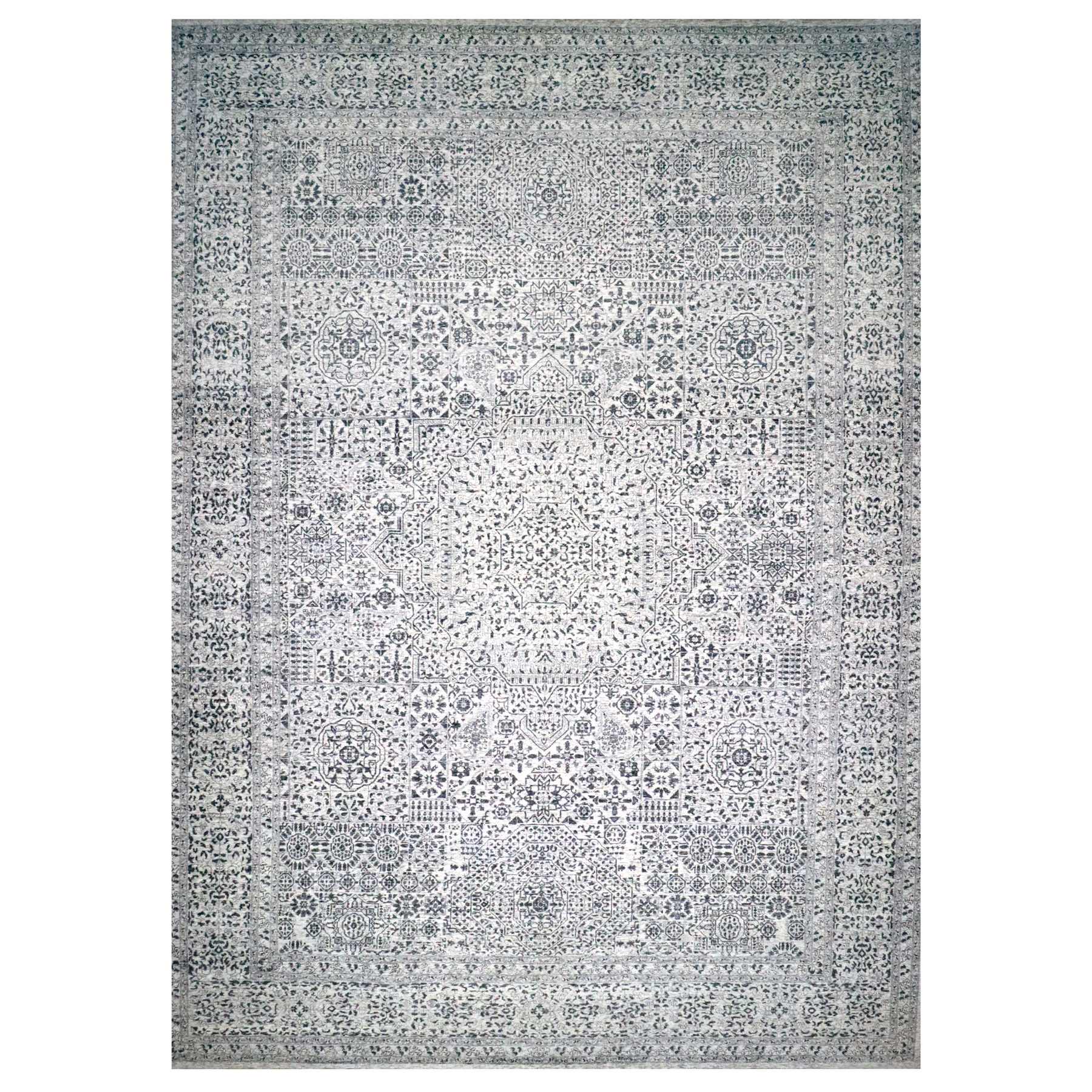 15'x20' Powder White, Mamluk Dynasty, Tone on Tone Design, Undyed Natural Wool, Densely Woven, Hand Knotted, Oversized, Oriental Rug 